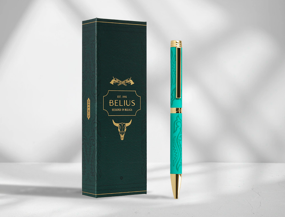 ESFEROGRAFICA BELIUS WILD WEST ALUMINIO COR CASTANHO DOURADO TINTA COR AZUL CAIXA DE DESIGN