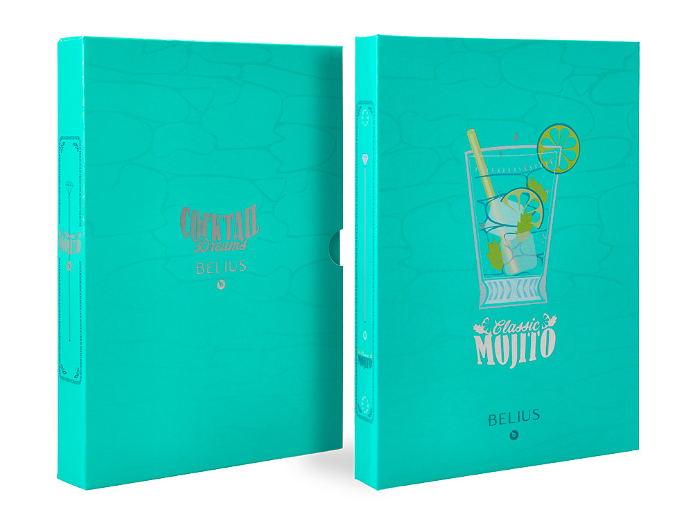 ESFEROGRAFICA E PORTA CARTOES BELIUS COCKTAILS MOJITO ALUMINIO VERDE PRATEADO RELEVO TINTA COR AZUL CAIXA DE DESIGN