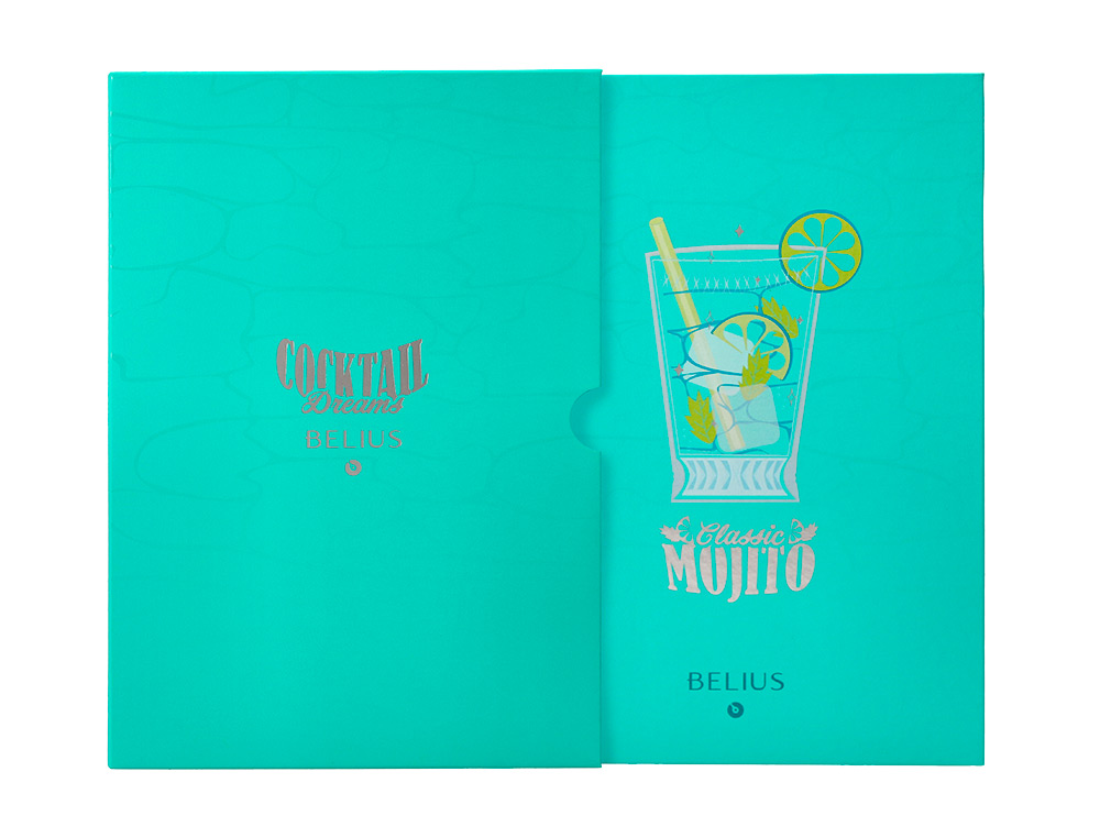 ESFEROGRAFICA E PORTA CARTOES BELIUS COCKTAILS MOJITO ALUMINIO VERDE PRATEADO RELEVO TINTA COR AZUL CAIXA DE DESIGN