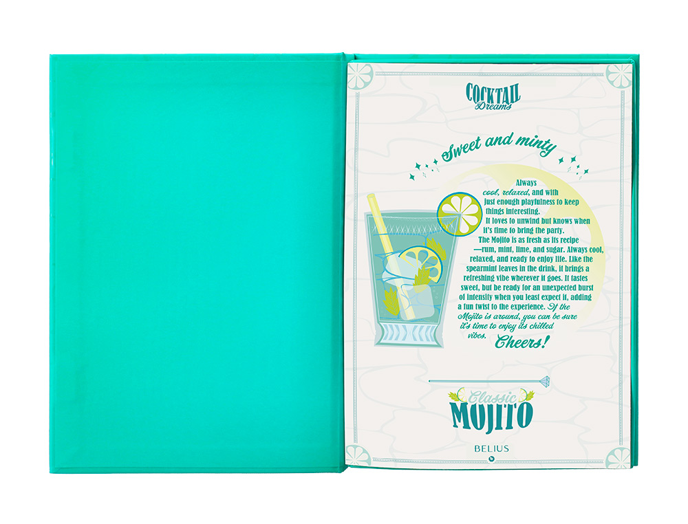 ESFEROGRAFICA E PORTA CARTOES BELIUS COCKTAILS MOJITO ALUMINIO VERDE PRATEADO RELEVO TINTA COR AZUL CAIXA DE DESIGN