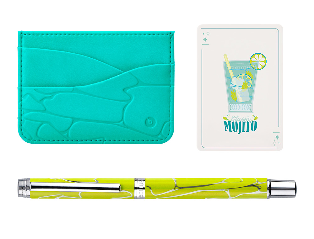ESFEROGRAFICA E PORTA CARTOES BELIUS COCKTAILS MOJITO ALUMINIO VERDE PRATEADO RELEVO TINTA COR AZUL CAIXA DE DESIGN