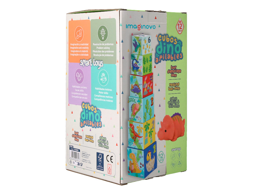 JOGO INFANTIL IMAGINOVO CUBOS EMPILHAVEIS NINHOS DINOSSAUROS +12 MESES 12 PECAS 13X13X13CM