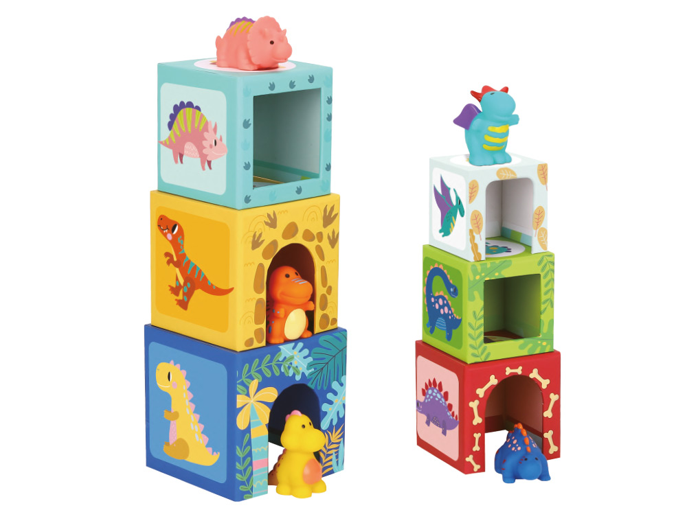 JOGO INFANTIL IMAGINOVO CUBOS EMPILHAVEIS NINHOS DINOSSAUROS +12 MESES 12 PECAS 13X13X13CM