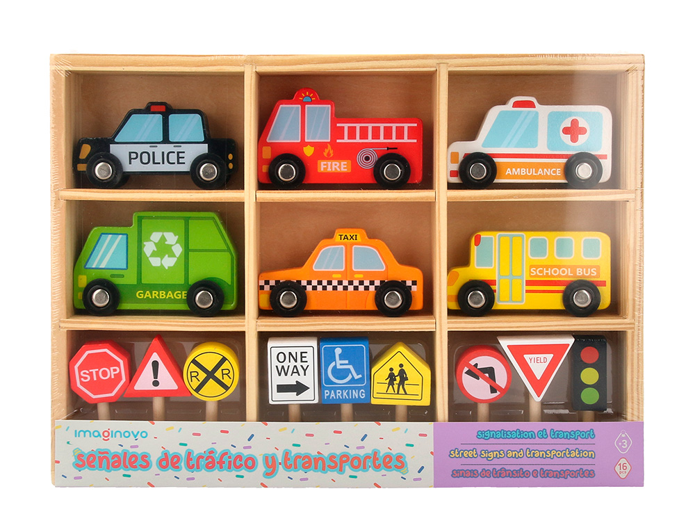 JOGO INFANTIL IMAGINOVO MADEIRA VEICULOS E SINAIS DE TRANSITO +3 ANOS 16 PECAS 30X22X4CM
