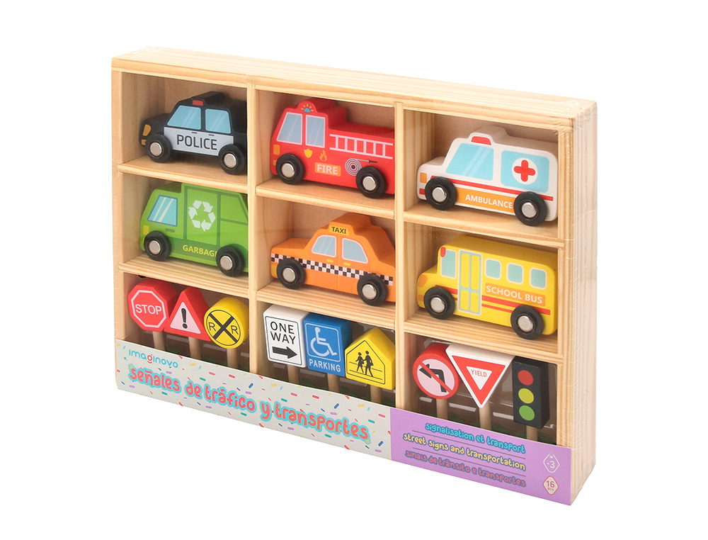 JOGO INFANTIL IMAGINOVO MADEIRA VEICULOS E SINAIS DE TRANSITO +3 ANOS 16 PECAS 30X22X4CM