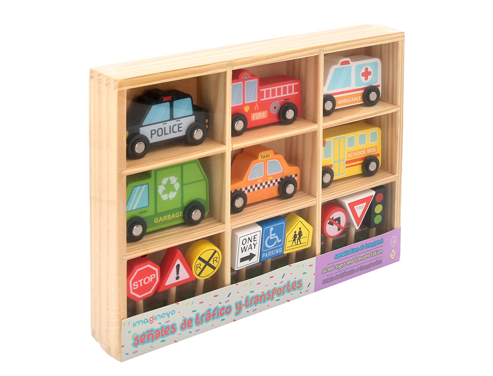 JOGO INFANTIL IMAGINOVO MADEIRA VEICULOS E SINAIS DE TRANSITO +3 ANOS 16 PECAS 30X22X4CM