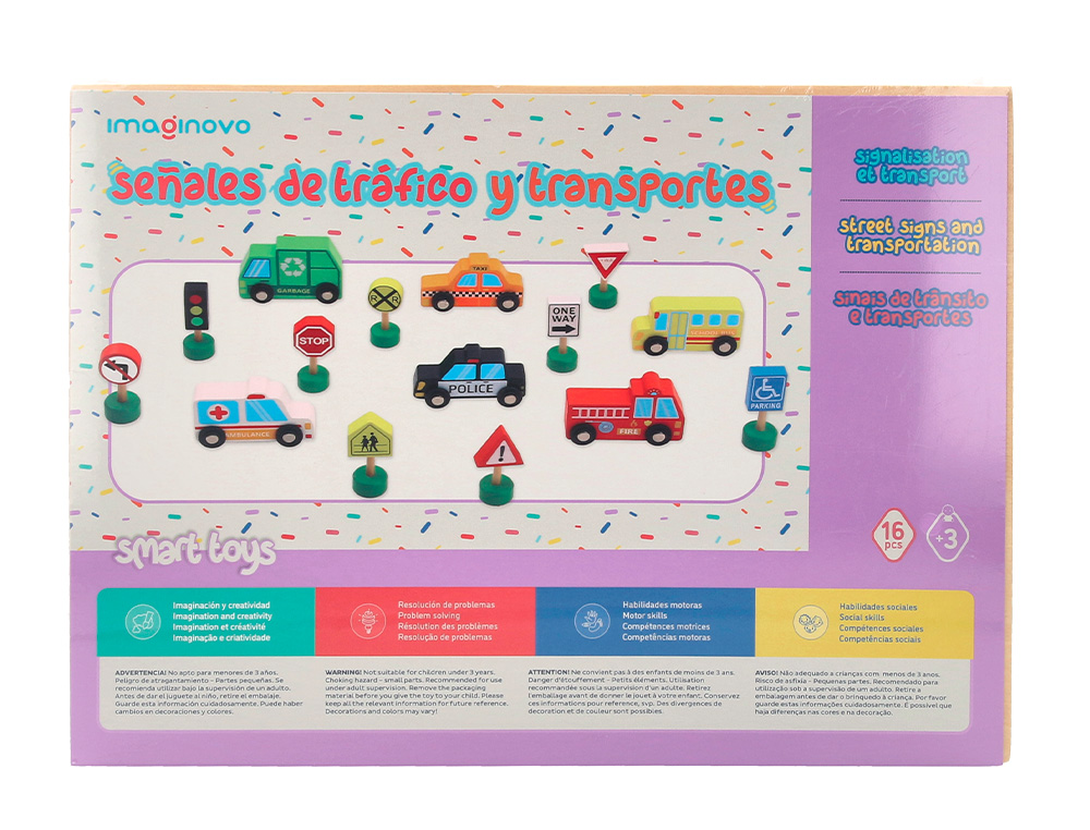 JOGO INFANTIL IMAGINOVO MADEIRA VEICULOS E SINAIS DE TRANSITO +3 ANOS 16 PECAS 30X22X4CM