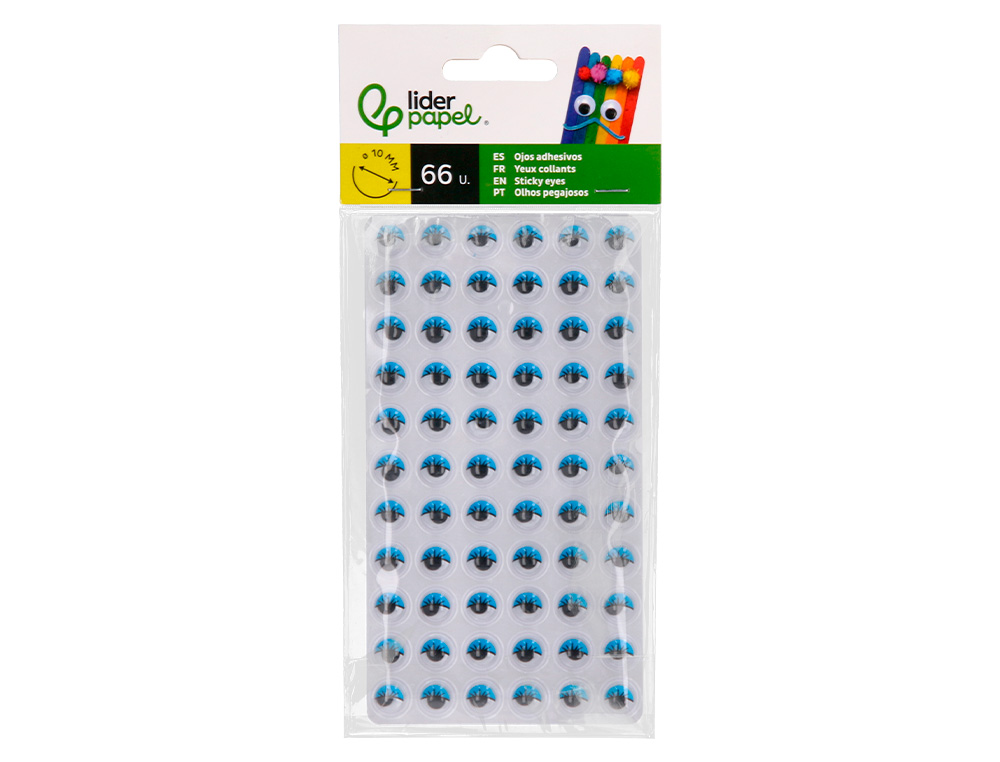 OLHO ADESIVO LIDERPAPEL 10 MM COM PUPILA PRETA E PESTANAS DE COR AZUL BOLSA DE 66 UNIDADES