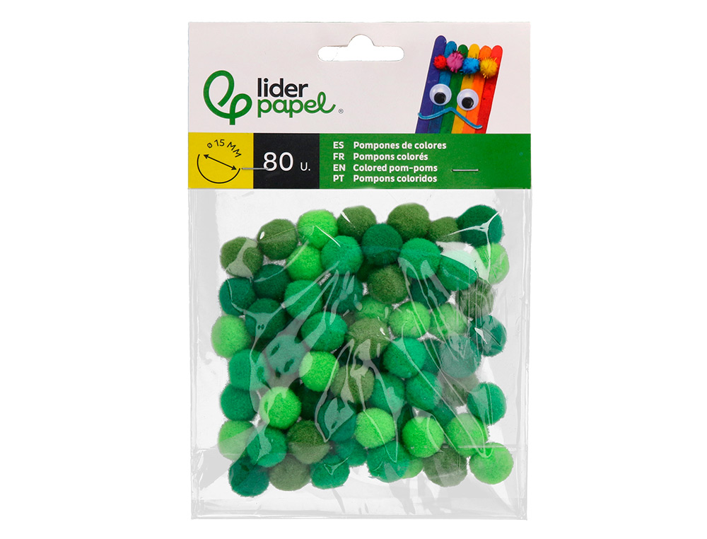 POMPONS DE CORES LIDERPAPEL 1,5 CM TONALIDADES VERDES BOLSA COM 80 UNIDADES
