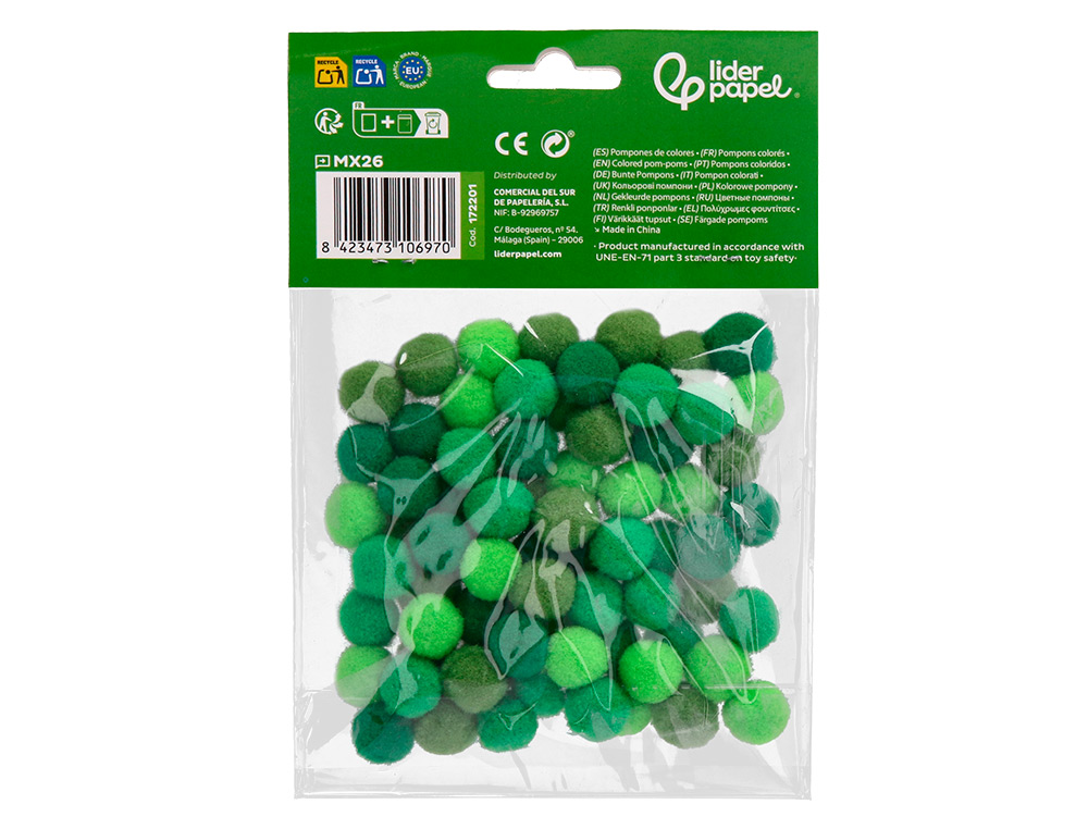 POMPONS DE CORES LIDERPAPEL 1,5 CM TONALIDADES VERDES BOLSA COM 80 UNIDADES
