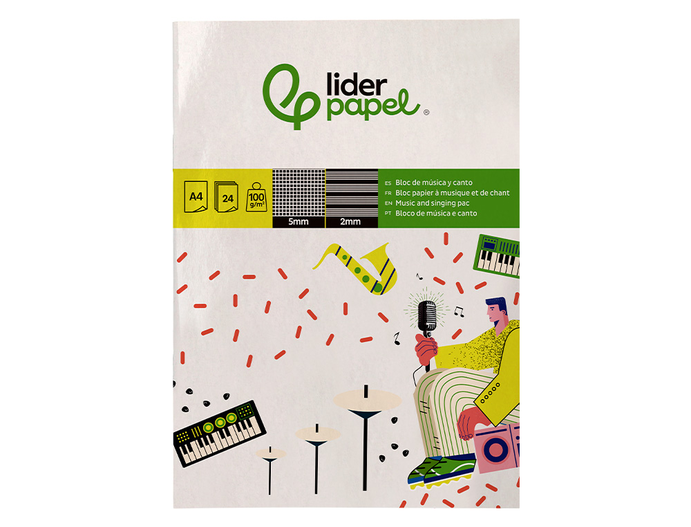 BLOCO MUSICA E CANTO LIDERPAPEL PENTAGRAMA PAUTADO 2 MM QUADRICULA 5MM DIN A4 24 FOLHAS 100 GR