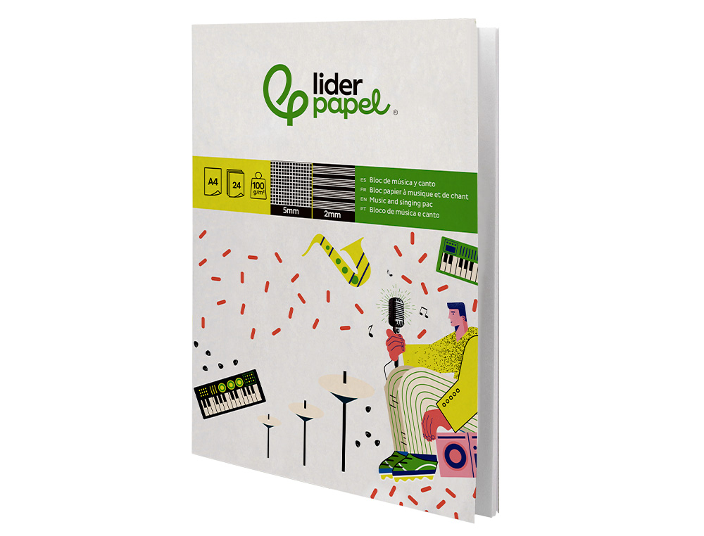 BLOCO MUSICA E CANTO LIDERPAPEL PENTAGRAMA PAUTADO 2 MM QUADRICULA 5MM DIN A4 24 FOLHAS 100 GR