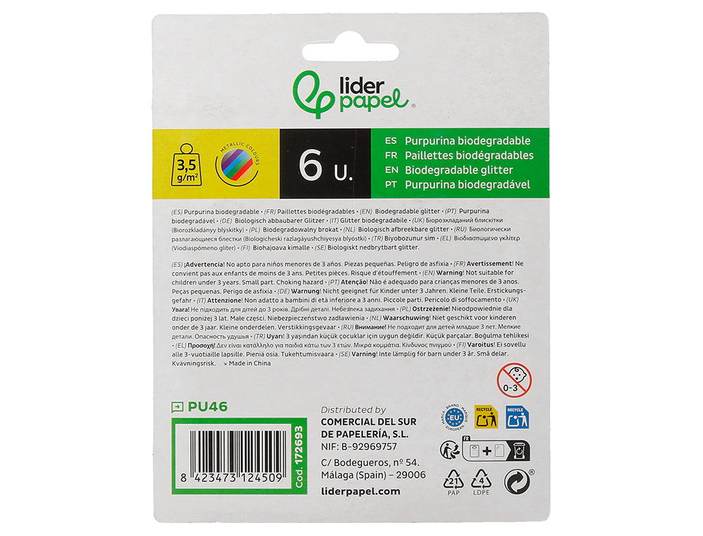 PURPURINA LIDERPAPEL BIODEGRADAVEL FANTASIA FRASCO DE 3,5 GR CORES METALICAS SORTIDAS BLISTER DE 6 UNIDADES