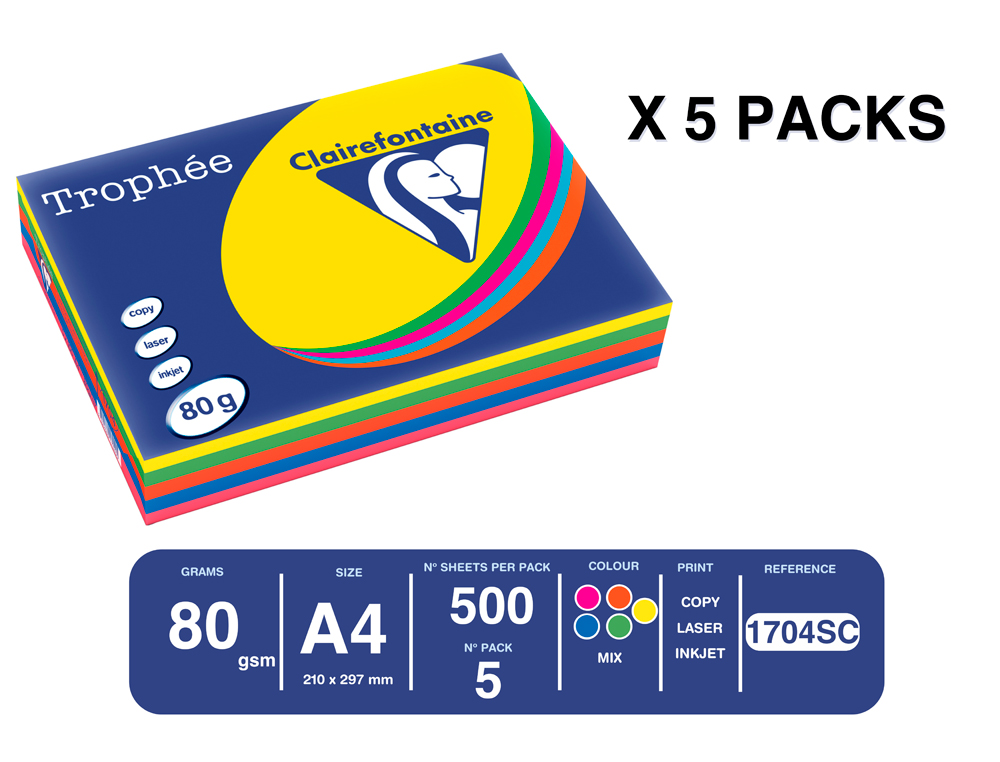 PAPEL COR TROPHEE A4 80 GR 5 CORES SORTIDAS INTENSAS EMBALAGEM DE 500 FOLHAS (100 FOLHAS X COR)