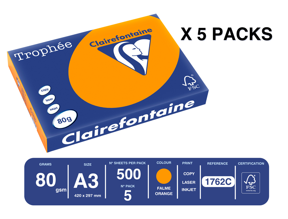 PAPEL COR TROPHEE A3 80 GR LARANJA INTENSO EMBALAGEM DE 500 FOLHAS