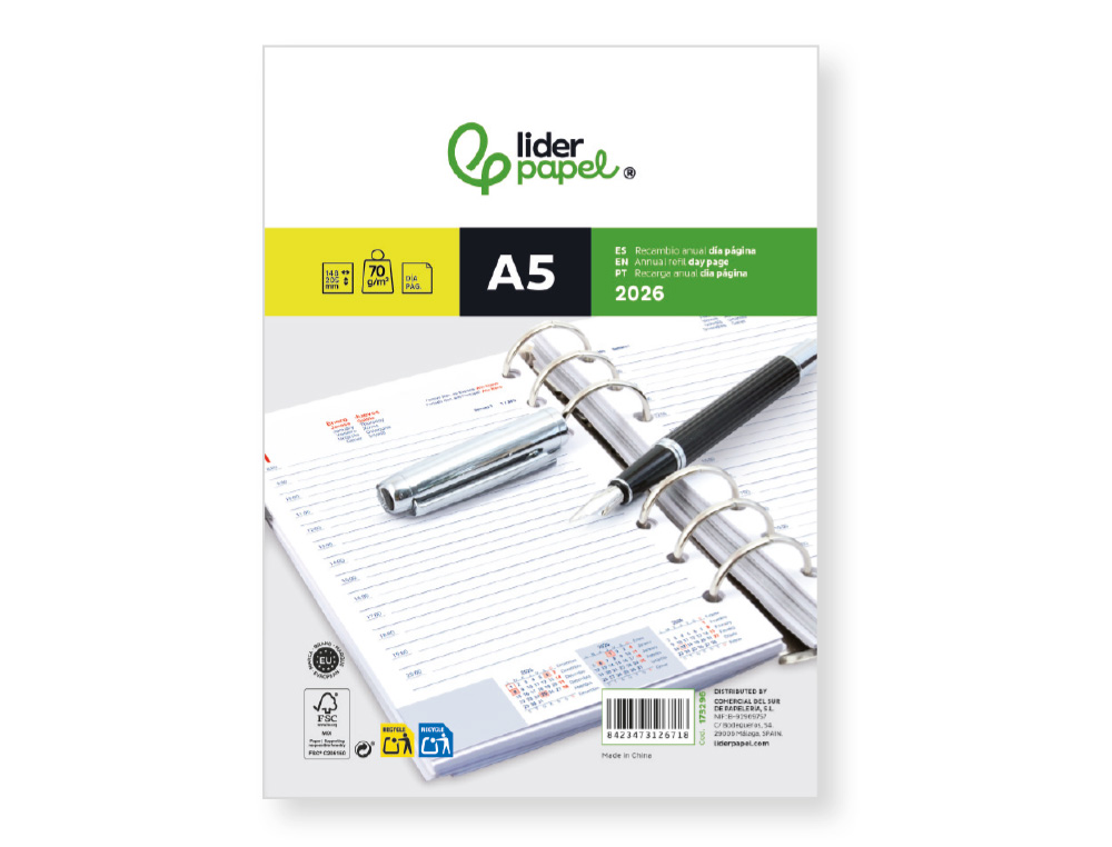AGENDA ENCADERNADA LIDERPAPEL RECARGA A5 2026 DIA PAGINA PAPEL 70 GR FSC