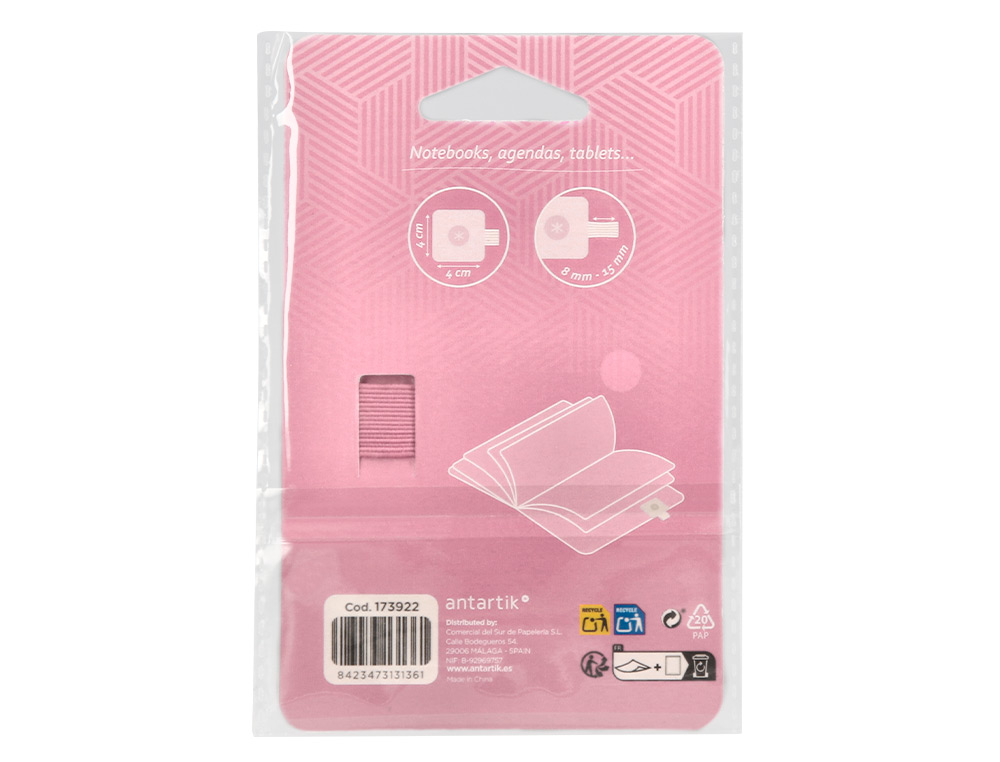 PORTABOLIGRAFO AUTOADHESIVO ANTARTIK PARA CUADERNO NOTE CON ELASTICO HASTA 15 MM GROSOR 80 MM ROSA 40X40 MM
