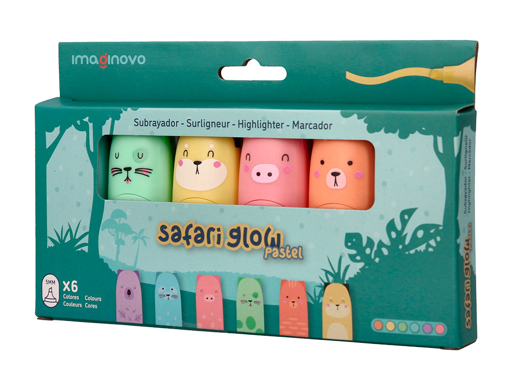 MARCADOR FLUORESCENTE IMAGINOVO SAFARI GLOW PASTEL ANIMAIS CAIXA 6 UNIDADES SORTIDAS