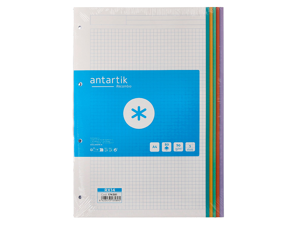 RECARGA A4 ANTARTIK 80 FOLHAS 90 GR QUADRICULA 5 MM 4 FUROS BANDAS DE 5 CORES PASTEL