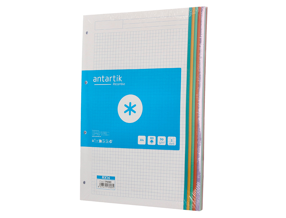 RECARGA A4 ANTARTIK 80 FOLHAS 90 GR QUADRICULA 5 MM 4 FUROS BANDAS DE 5 CORES PASTEL