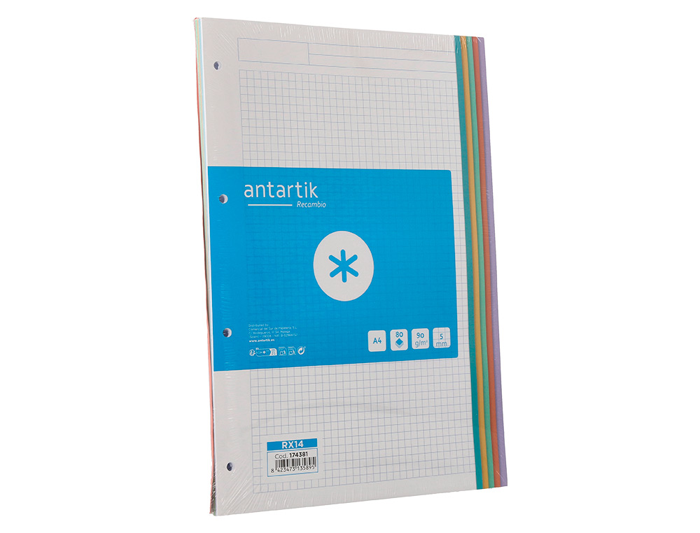 RECARGA A4 ANTARTIK 80 FOLHAS 90 GR QUADRICULA 5 MM 4 FUROS BANDAS DE 5 CORES PASTEL