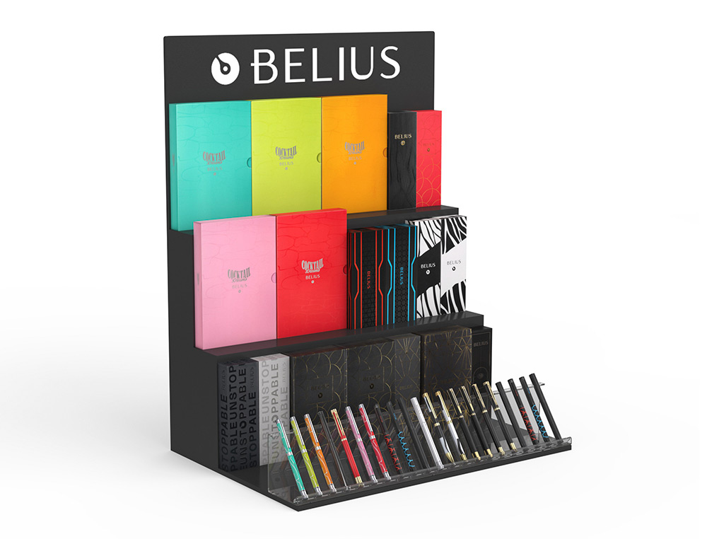 LOTE BELIUS EXPOSITOR PRETO 36 PECAS 3 NIVEIS SUPORTE METACRILATO 600X420X750 MM