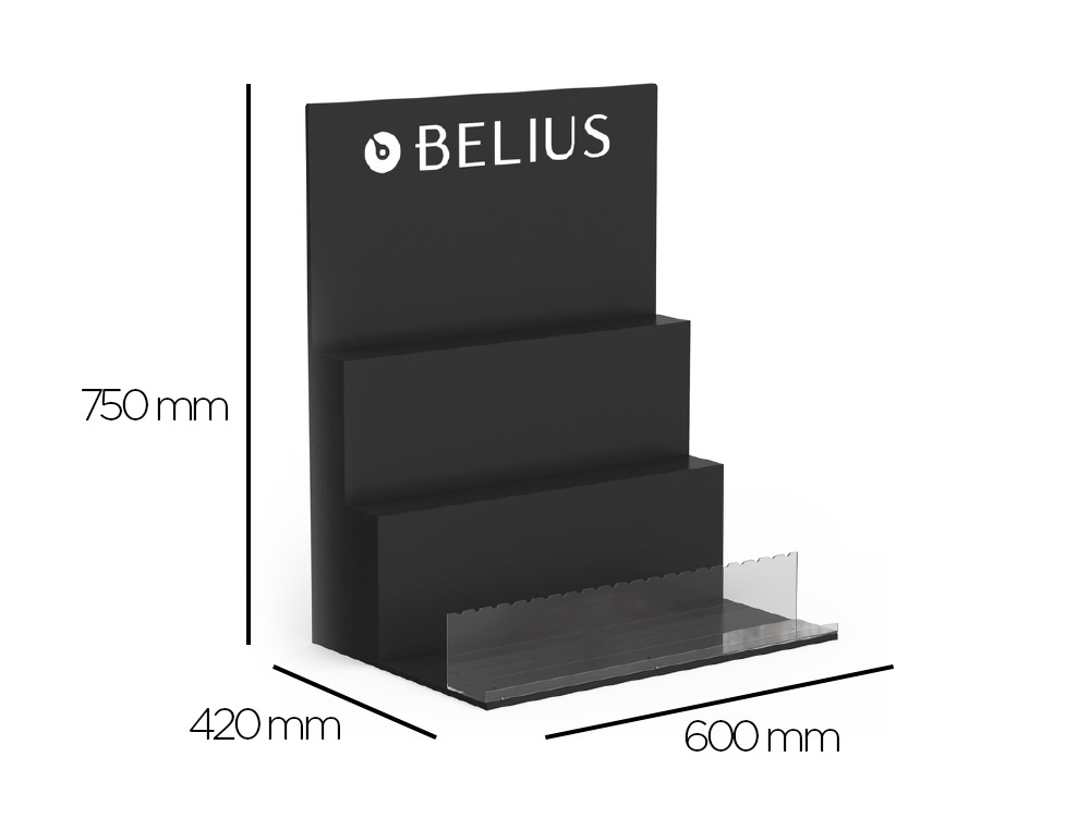 LOTE BELIUS EXPOSITOR PRETO 36 PECAS 3 NIVEIS SUPORTE METACRILATO 600X420X750 MM