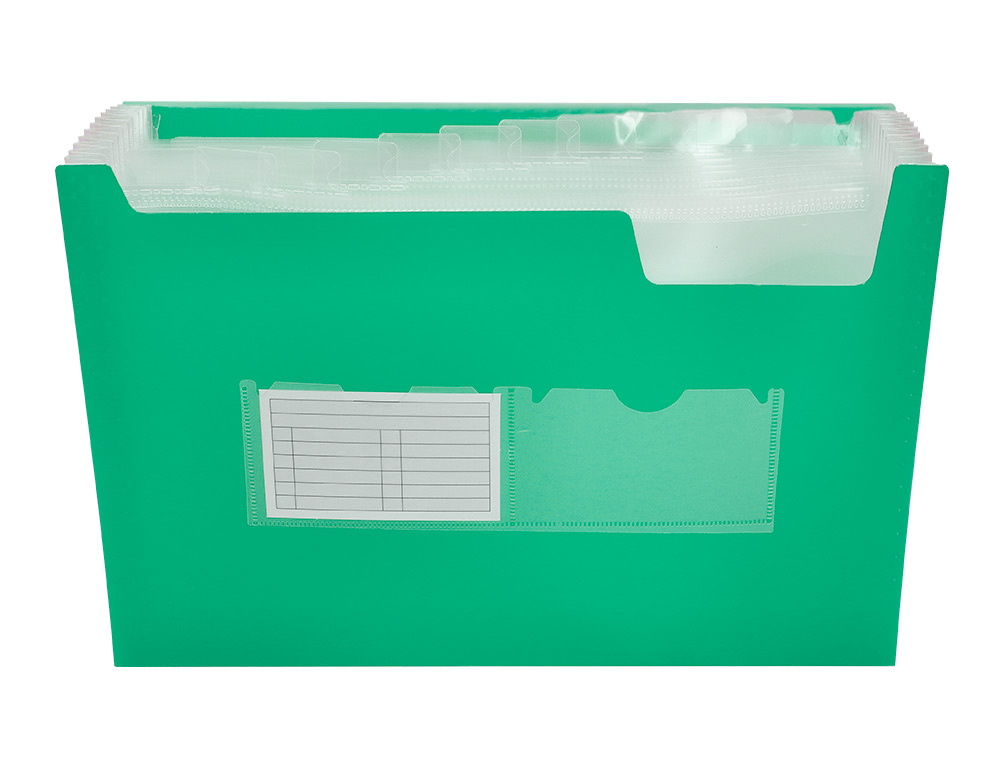 PASTA CLASSIFICADORA COM FOLE LIDERPAPEL DIN A4 TRANSPARENTE 13 DEPARTAMENTOS VERDE
