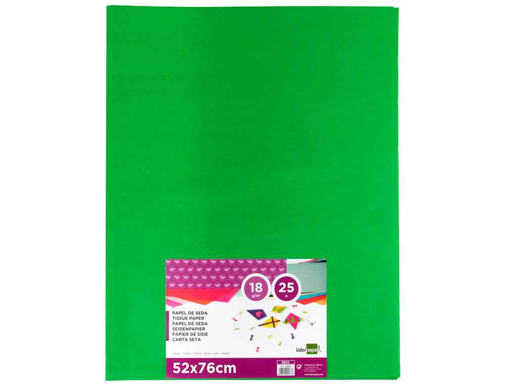 PAPEL SEDA LIDERPAPEL 52 X 76 CM 18 GR VERDE MEDIO EMBALAGEM DE 25 FOLHAS
