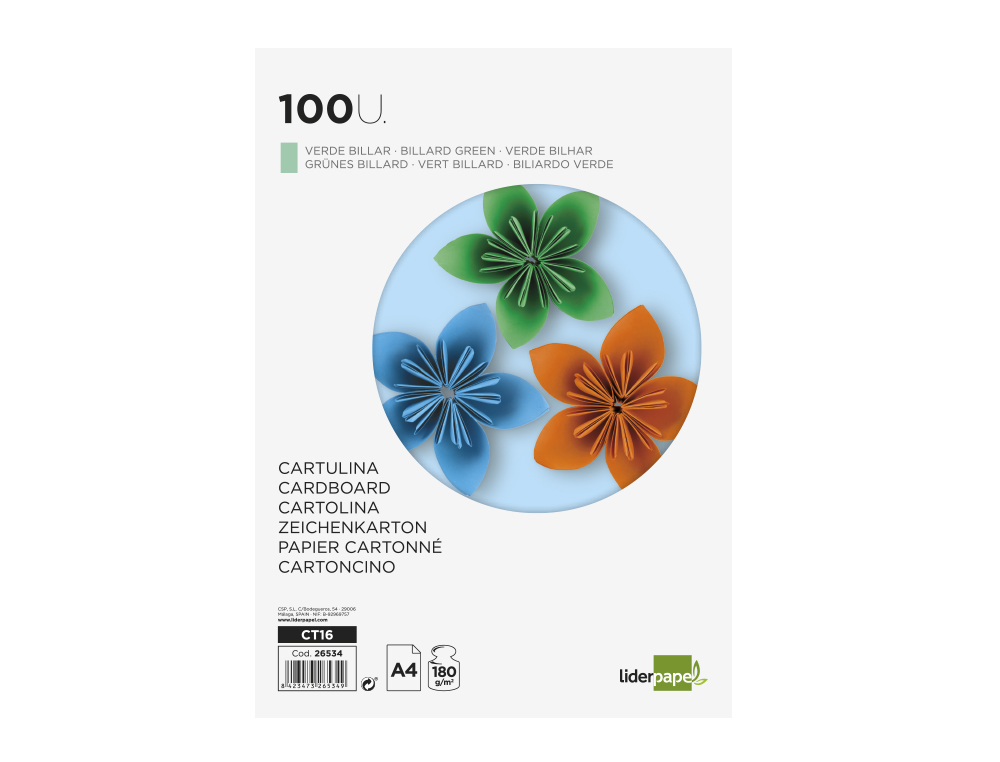 CARTOLINA LIDERPAPEL DIN A4 180 GR VERDE BILHAR PACK DE 100 UNIDADES