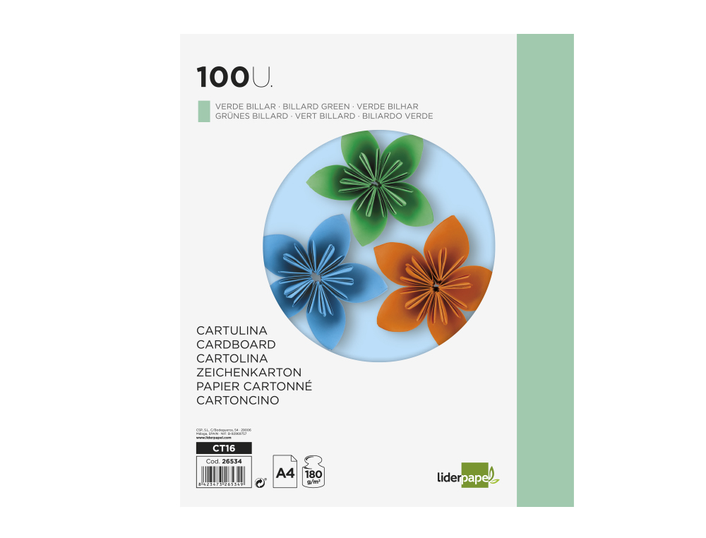 CARTOLINA LIDERPAPEL DIN A4 180 GR VERDE BILHAR PACK DE 100 UNIDADES