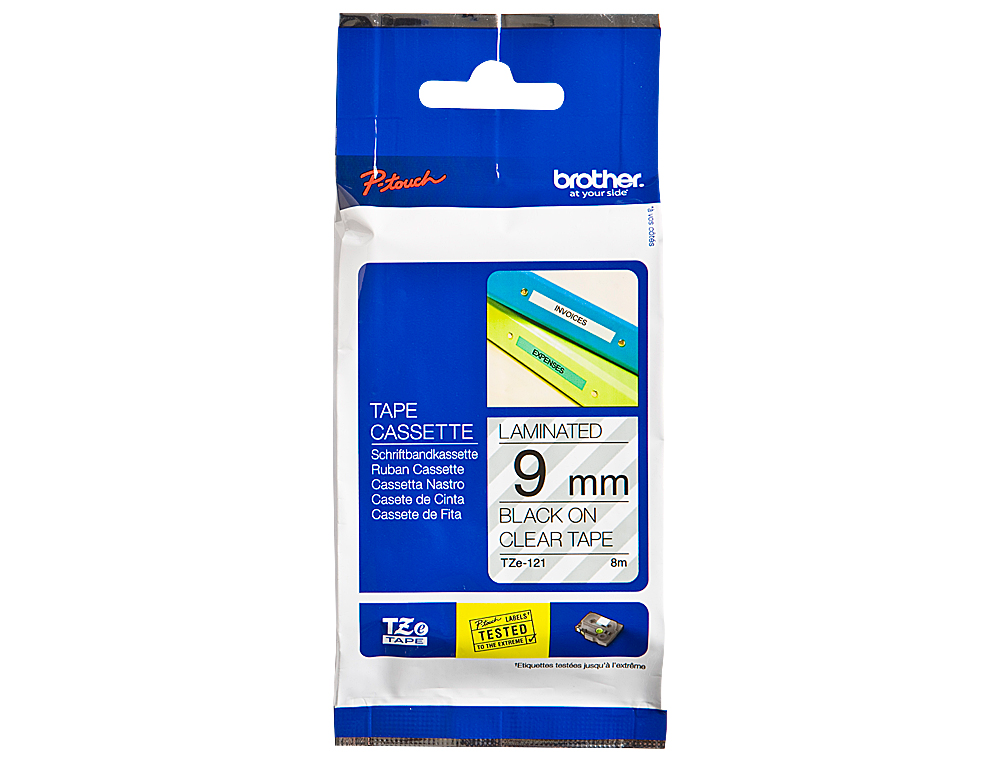 FITA BROTHER TZ-121 LAMINADA TRANSPARENTE-PRETO 9MM X 8M