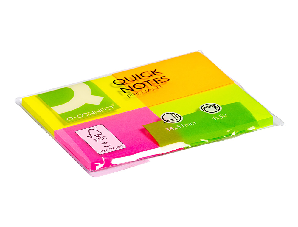 BLOCO DE NOTAS ADESIVAS Q-CONNECT FLUORESCENTE 38 X 51 MM COM 50 FOLHAS PACK DE 4 UDS