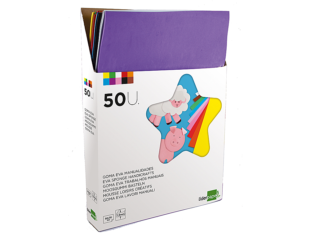 GOMA EVA LIDERPAPEL EXPOSITOR DE 50 PLACAS DE 10 CORES SORTIDAS 50X70CM 60GR ESPESSURA 1,5MM