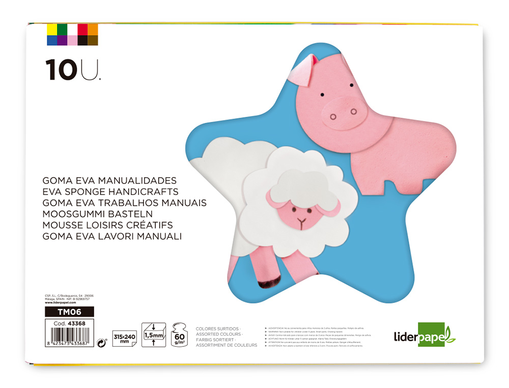 BLOCO TRABALHOS MANUAIS LIDERPAPEL GOMA EVA FOLIO 10 PRANCHAS CORES SORTIDAS