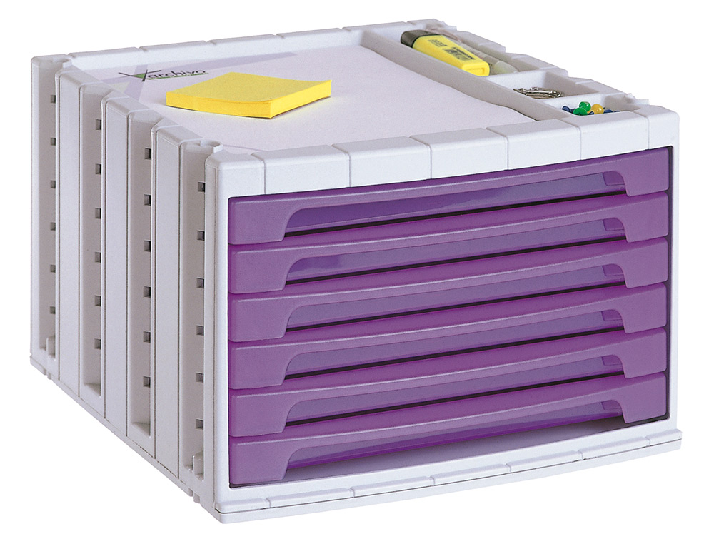 BLOCO CLASSIFICADOR DE SECRETARIA Q-CONNECT 6 GAVETAS VIOLETA TRANSLUCIDO 370X305X215 MM ESPACO ORGANIZACAO SUPERIOR