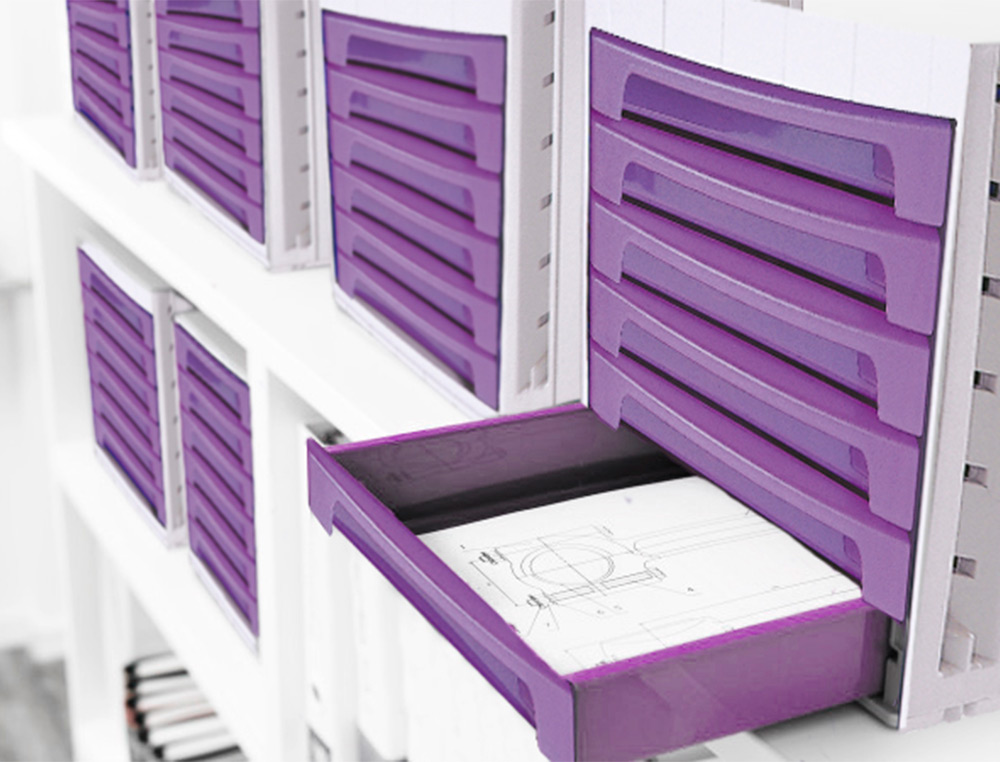 BLOCO CLASSIFICADOR DE SECRETARIA Q-CONNECT 6 GAVETAS VIOLETA TRANSLUCIDO 370X305X215 MM ESPACO ORGANIZACAO SUPERIOR