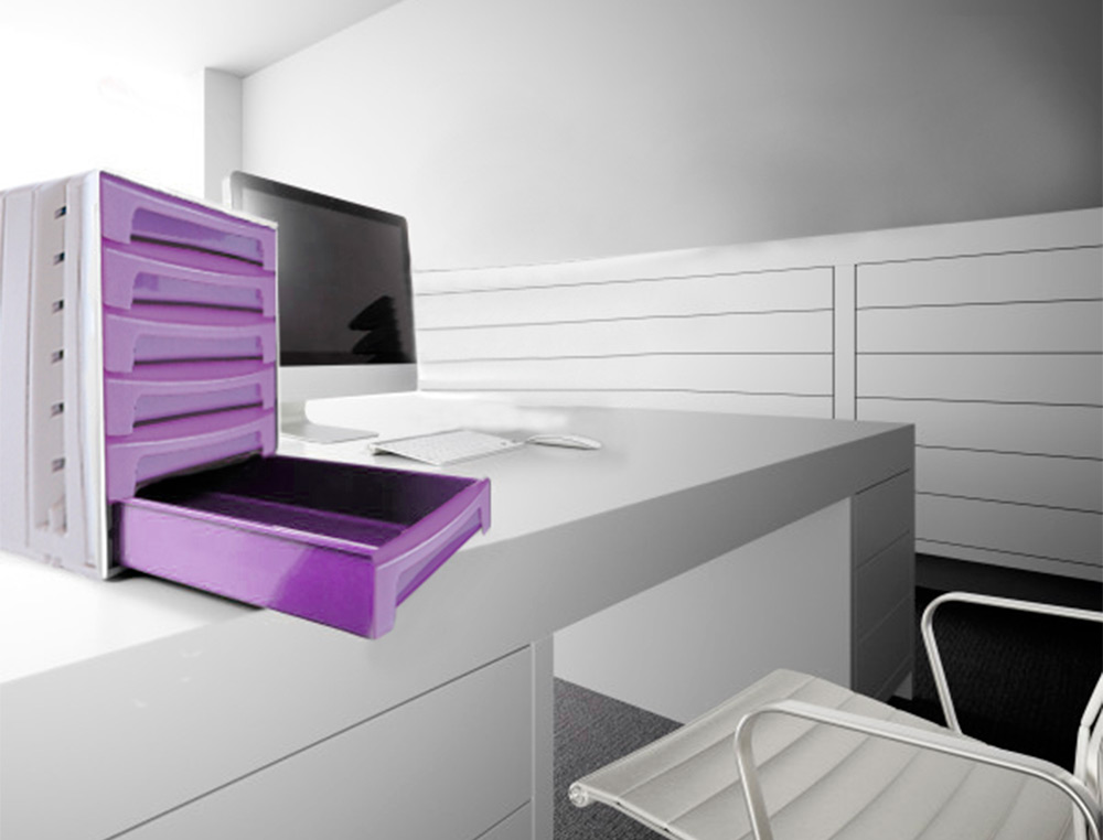 BLOCO CLASSIFICADOR DE SECRETARIA Q-CONNECT 6 GAVETAS VIOLETA TRANSLUCIDO 370X305X215 MM ESPACO ORGANIZACAO SUPERIOR