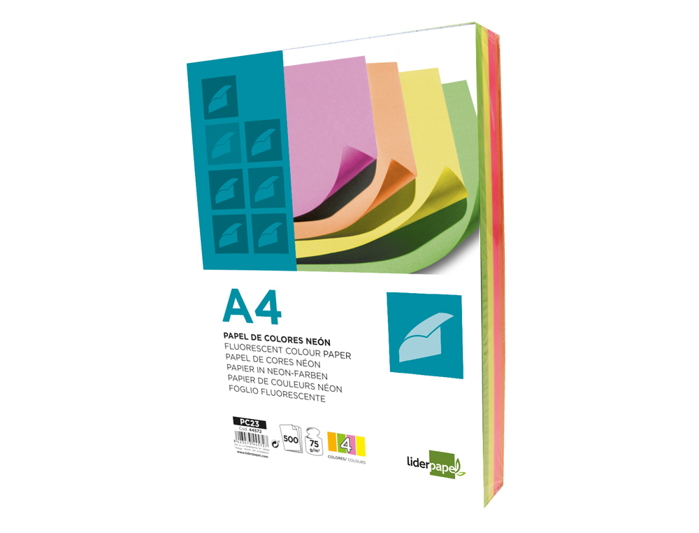 PAPEL DE COR LIDERPAPEL DIN A4 75 GR QUATRO CORES NEON SORTIDAS EMBALAGEM DE 500 FOLHAS
