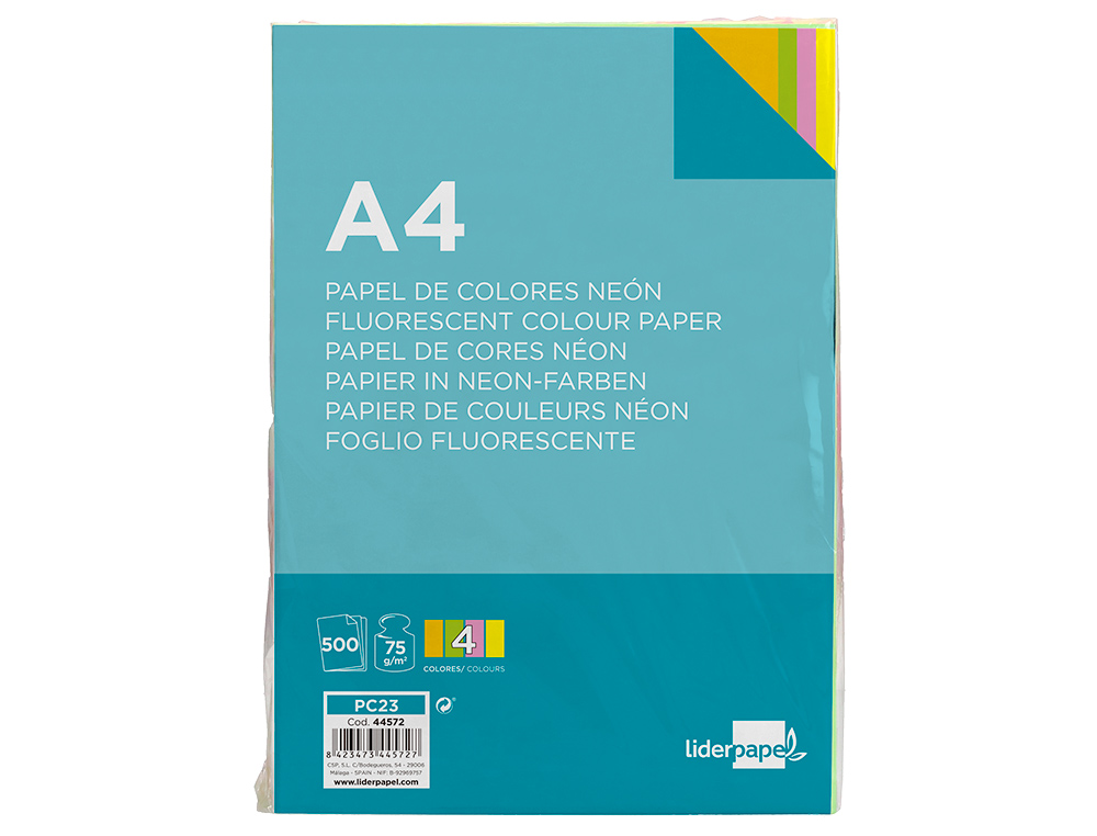 PAPEL DE COR LIDERPAPEL DIN A4 75 GR QUATRO CORES NEON SORTIDAS EMBALAGEM DE 500 FOLHAS
