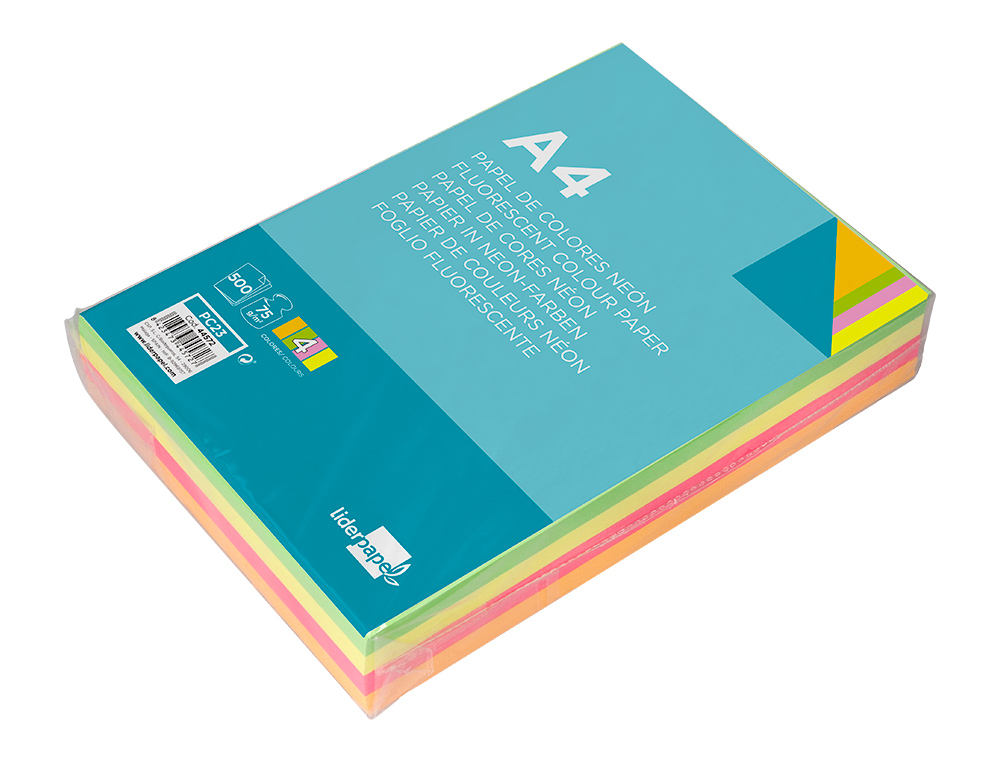 PAPEL DE COR LIDERPAPEL DIN A4 75 GR QUATRO CORES NEON SORTIDAS EMBALAGEM DE 500 FOLHAS