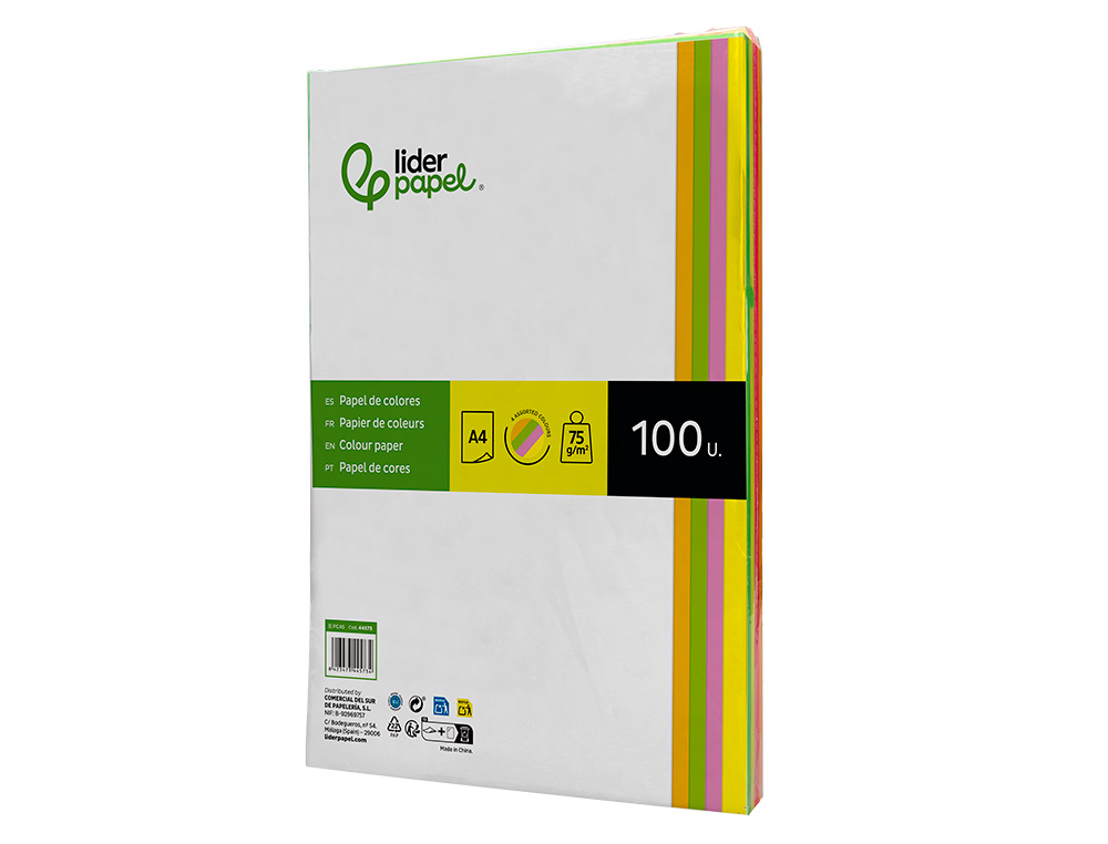 PAPEL DE COR LIDERPAPEL DIN A4 75 GR QUATRO CORES NEON SORTIDAS EMBALAGEM DE 100 FOLHAS