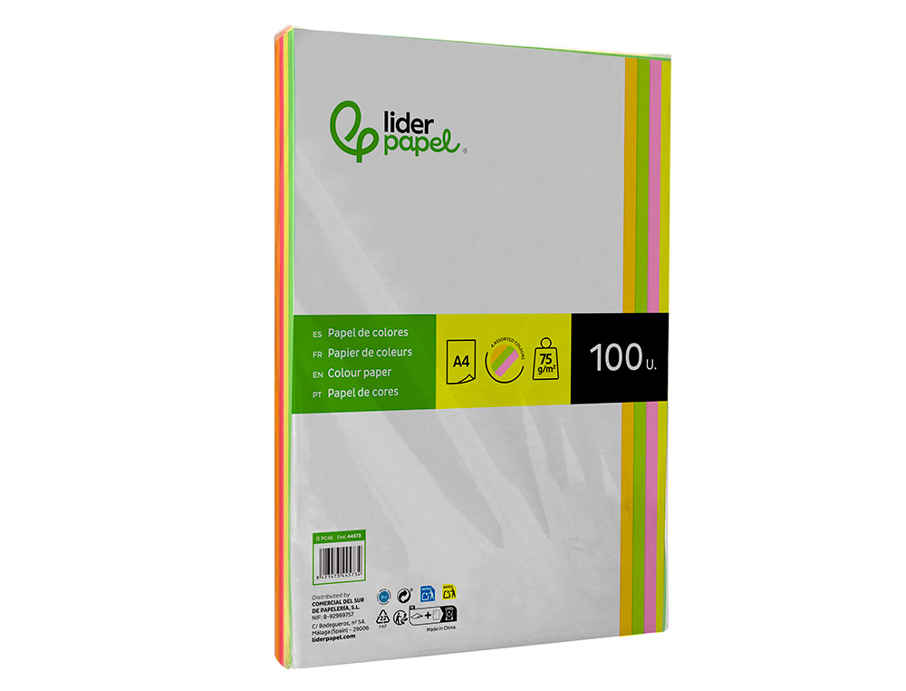 PAPEL DE COR LIDERPAPEL DIN A4 75 GR QUATRO CORES NEON SORTIDAS EMBALAGEM DE 100 FOLHAS