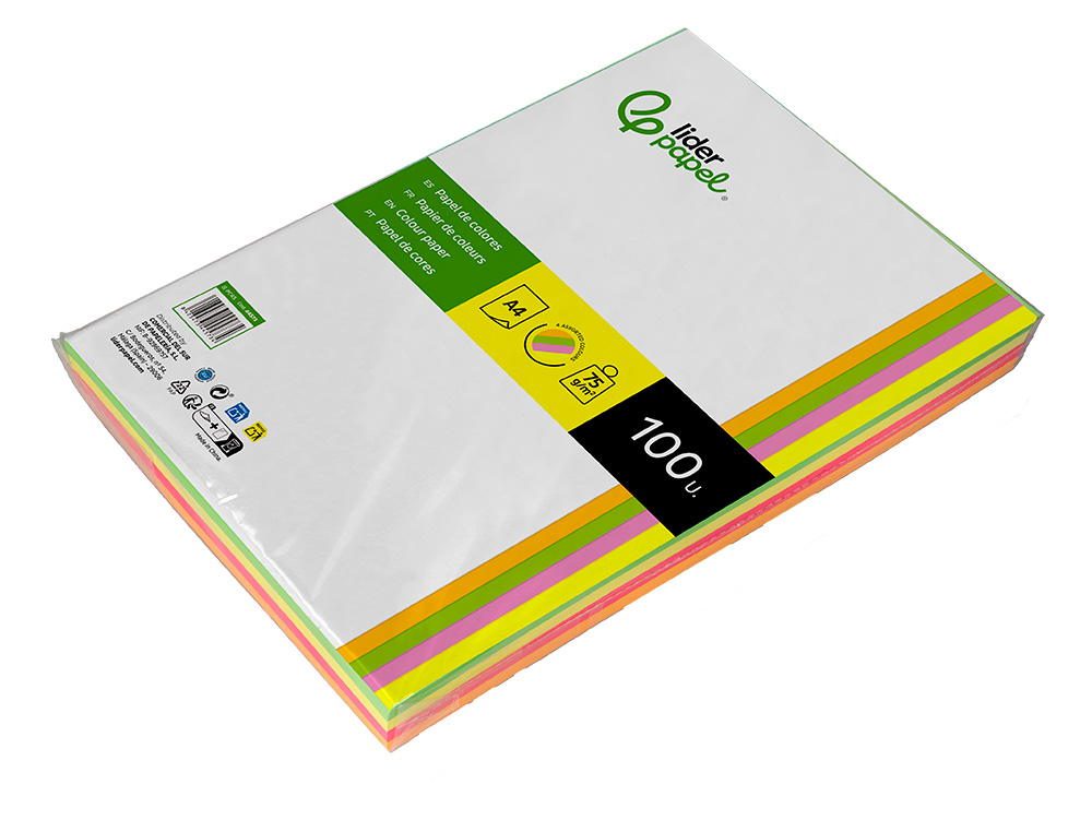 PAPEL DE COR LIDERPAPEL DIN A4 75 GR QUATRO CORES NEON SORTIDAS EMBALAGEM DE 100 FOLHAS