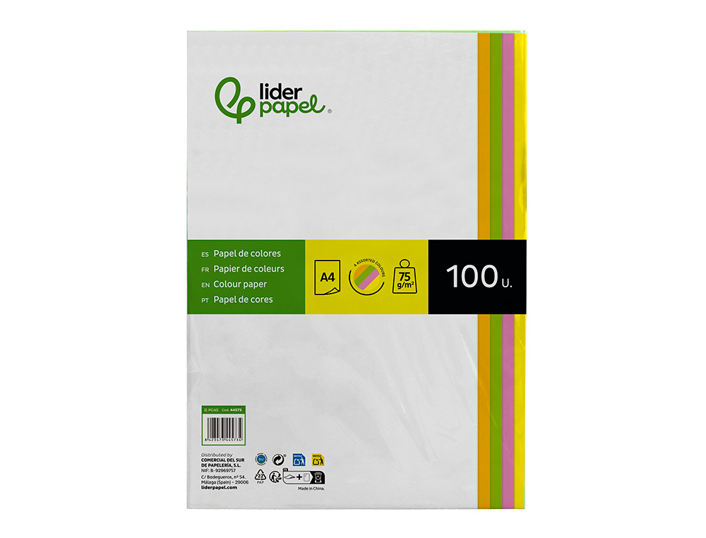 PAPEL DE COR LIDERPAPEL DIN A4 75 GR QUATRO CORES NEON SORTIDAS EMBALAGEM DE 100 FOLHAS
