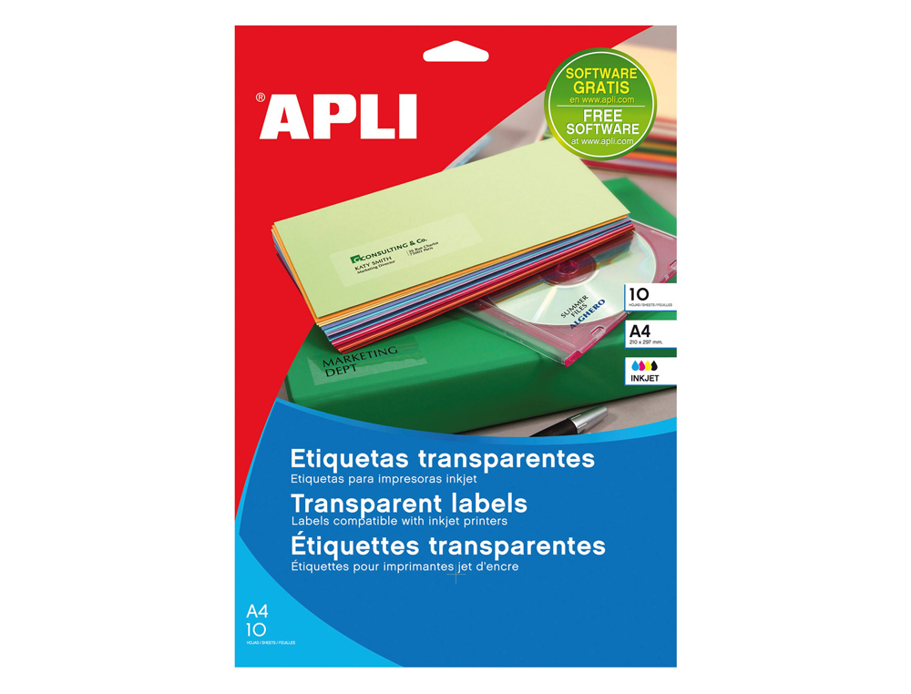 ETIQUETAS ADESIVAS APLI DE POLIESTER PARA IMPRESSORA TINTEIRO 210X297 MM CARTEIRAS DE 10 FOLHAS