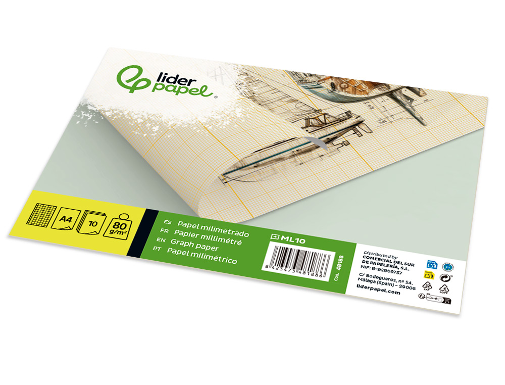 PAPEL MILIMETRICO LIDERPAPEL DIN A4 80 GR EMBALAGEM DE 10 FOLHAS