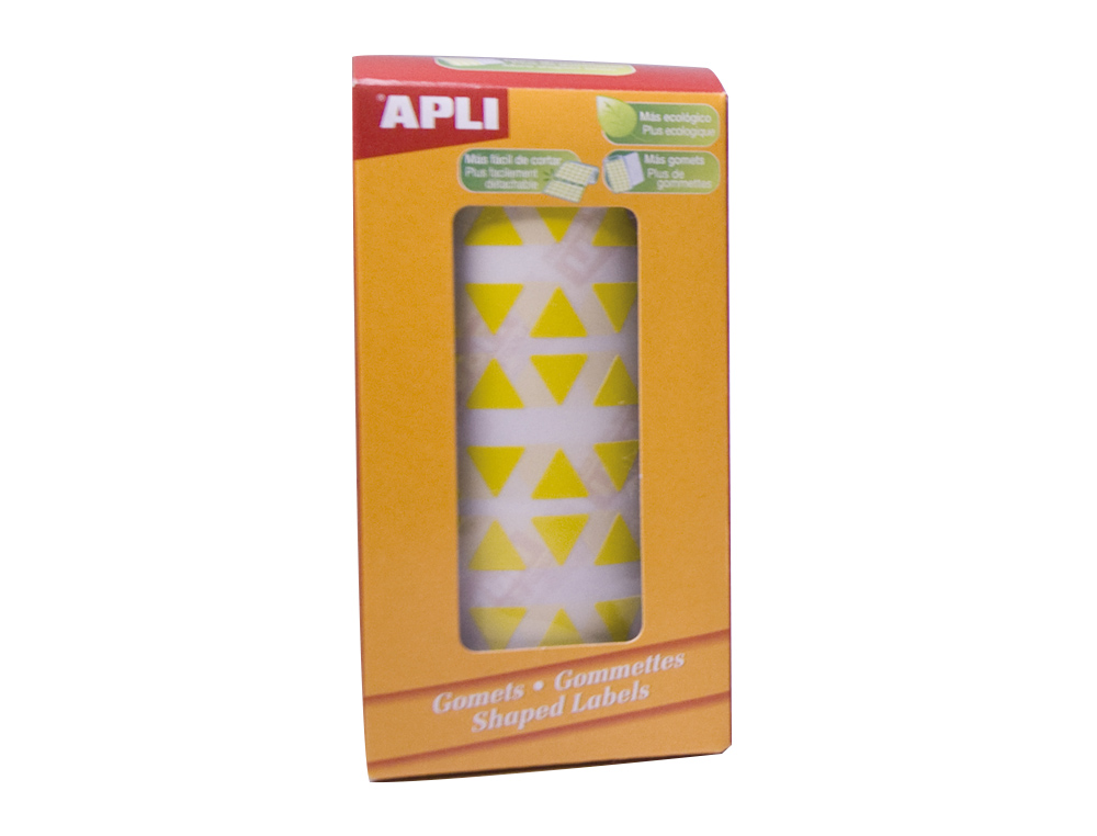ETIQUETAS APLI AUTOADESIVAS TRIANGULARES 21X21X21 MM AMARELO EM ROLO DE 2832 ETIQUETAS
