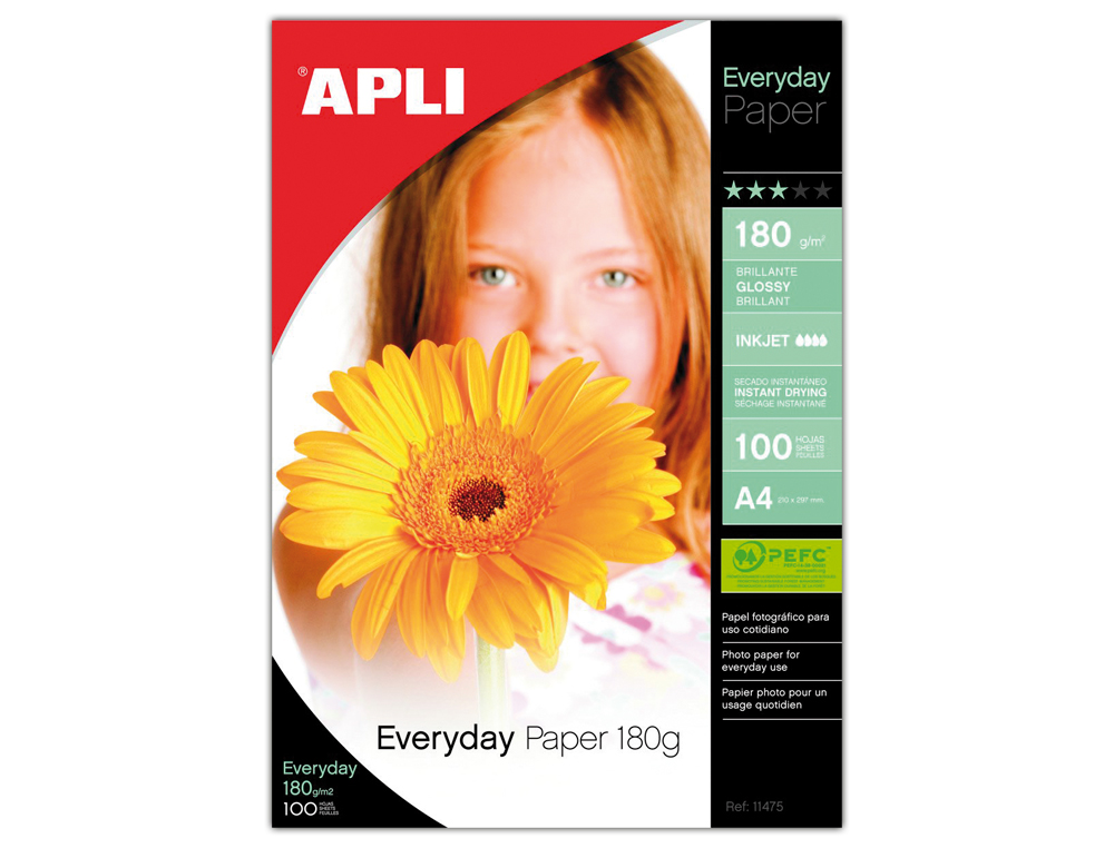 PAPEL FOTOGRAFICO APLI GLOSSY DIN A4 180 GR EMBALAGEM DE 100 FOLHAS