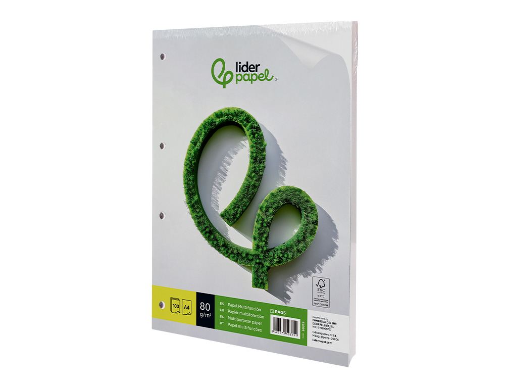 PAPEL LIDERPAPEL DIN A4 80 GR LISO 4 FUROS EMBALAGEM DE 100 FOLHAS